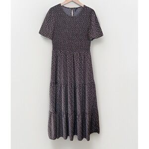 Women's L Floral Tiered Maxi Dress Short Sleeve Modest Smocked Cottagecore Ditsy